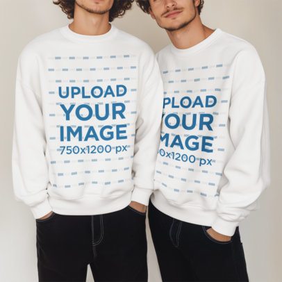 Cropped-Face Mockup Featuring an AI-Created Couple of Men Wearing Matching Sweatshirts