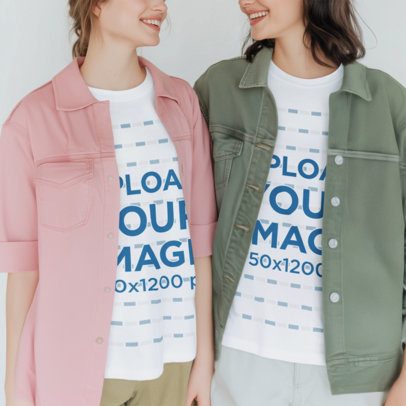 Matching T-Shirts Mockup of an AI-Generated Cropped-Face Couple of Women Smiling