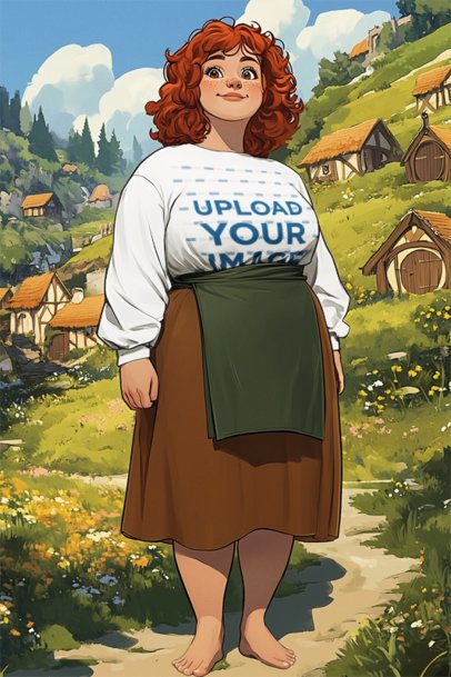 Long-Sleeve Tee Mockup Featuring an AI-Created Anime Woman Inspired by an Epic Adventure Trilogy Character