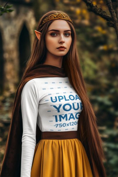 Long-Sleeve Tee Mockup of an AI-Generated Woman Inspired by an Elf From an Epic Adventure Trilogy
