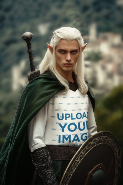 Elf-Themed Mockup Featuring an AI-Created Man in a Long-Sleeve Tee Inspired by an Epic Adventure Trilogy