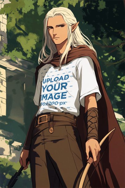 T-Shirt Mockup of an AI-Generated Anime Elf Man Inspired by an Epic Adventure Trilogy