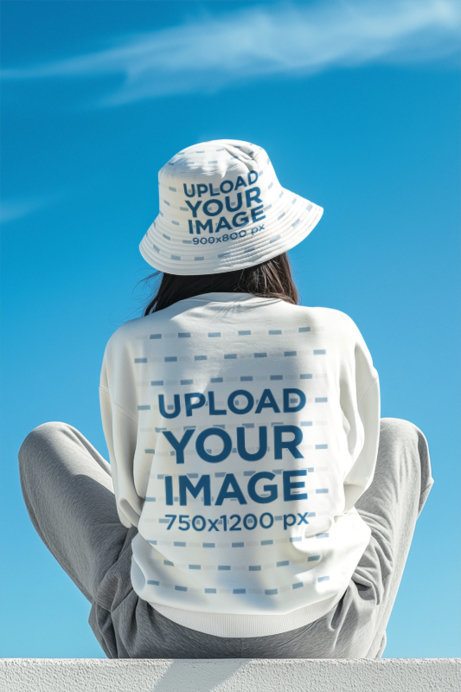 Back-View Mockup of an AI-Generated Woman in a Sweatshirt and a Bucket Hat Looking at the Sky