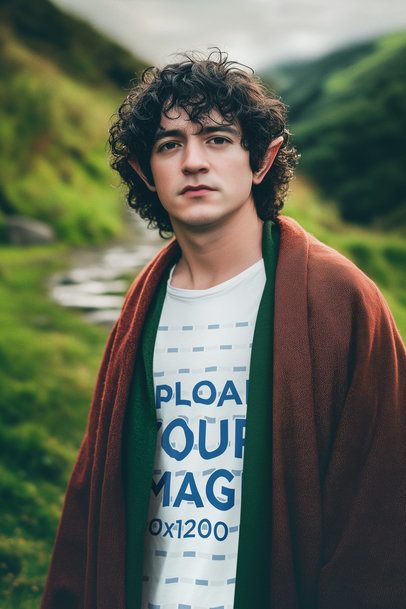 T-Shirt Mockup Featuring an AI-Created Man Posing in an Epic Adventure Trilogy-Inspired Landscape
