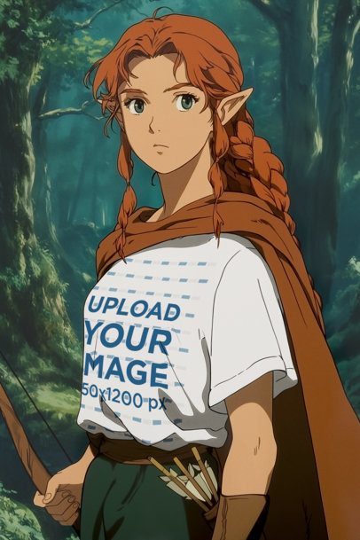 Epic Adventure Trilogy-Inspired Mockup Featuring an AI-Created Elf Anime Woman in a T-Shirt