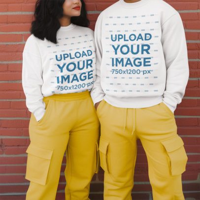 Crewneck Sweatshirt Mockup Featuring an AI-Created Cropped-Face Couple Against a Brick Wall
