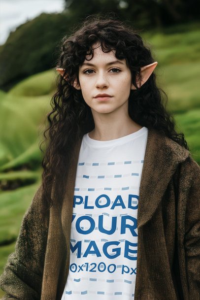 T-Shirt Mockup of an AI-Generated Elf Woman Posing in an Epic Adventure Trilogy-Inspired Landscape