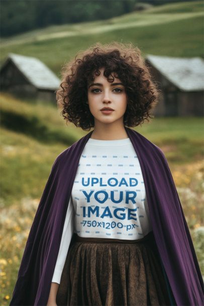 Cosplay Mockup Featuring an AI-Created Woman Wearing a Long-Sleeve Tee Inspired by an Epic Adventure Trilogy