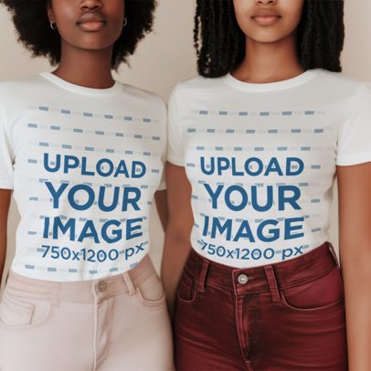 Mockup of Two AI-Generated Cropped-Face Women Wearing Matching Round-Neck T-Shirts