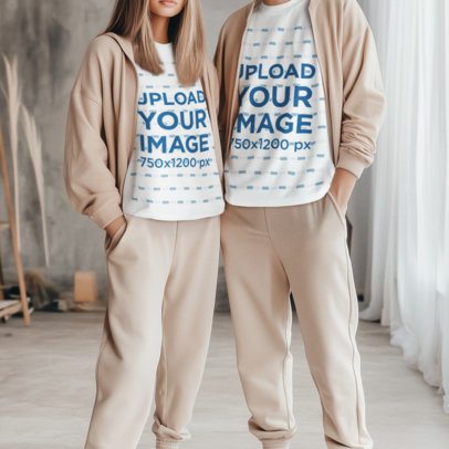 Round-Neck T-Shirt Mockup of an AI-Generated Couple Wearing an Athleisure Style m53862