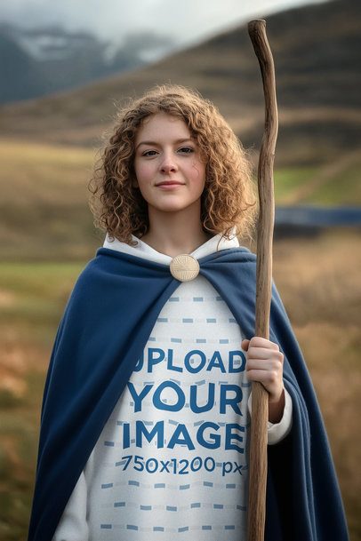 Hoodie Mockup Featuring an AI-Created Smiling Woman Inspired by an Epic Adventure Trilogy Character