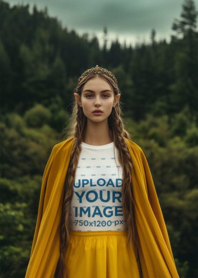 T-Shirt Mockup of an AI-Generated Woman Inspired by an Epic Adventure Trilogy Elf Princess