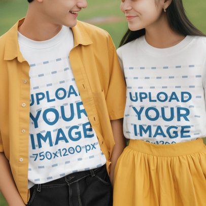 Cropped-Face Mockup Featuring an AI-Created Happy Couple in Matching T-Shirts