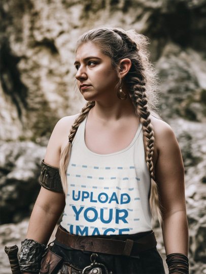 Tank Top Mockup of an AI-Generated Young Woman Wearing an Outfit Inspired by an Epic Adventure Trilogy