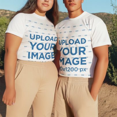 Round-Neck Tee Mockup of an AI-Generated Cropped-Face Couple Posing Together