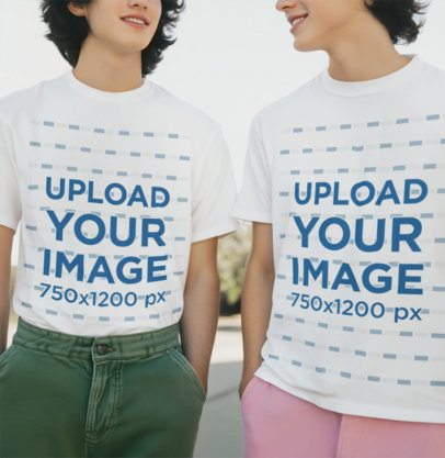 AI-Created Mockup Featuring a Couple of Young Men Wearing Matching T-Shirts