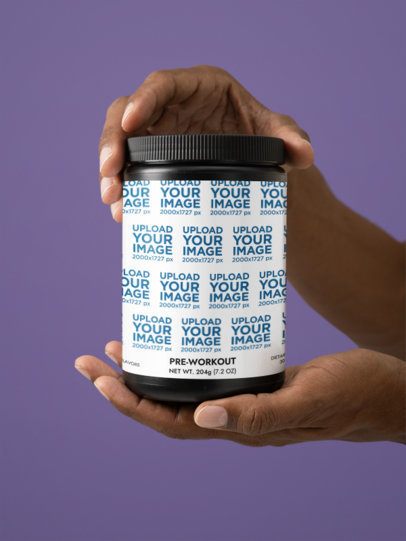Pre-Workout Fruit Punch Supplement Mockup Featuring a Man's Hands Trying to Open the Lid m53506