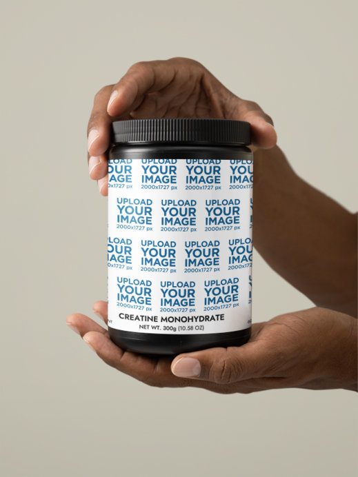 Creatine Monohydrate Supplement Mockup Featuring a Pair of Hands Against a Customizable Background