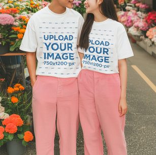 Oversized T-Shirt Mockup Featuring an AI-Created Cropped-Face Couple Posing With Matching Outfits