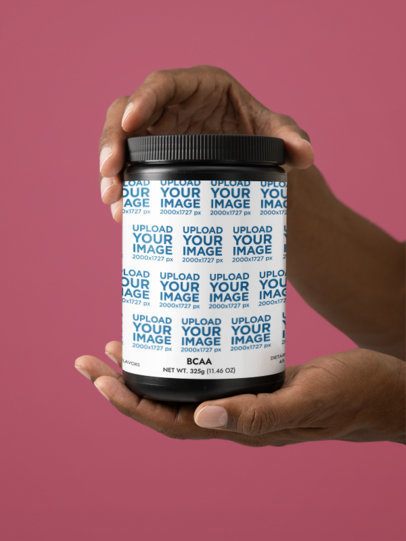 BCAA Watermelon Supplement Mockup Featuring Two Man's Hands in a Customizable Backdrop m53515