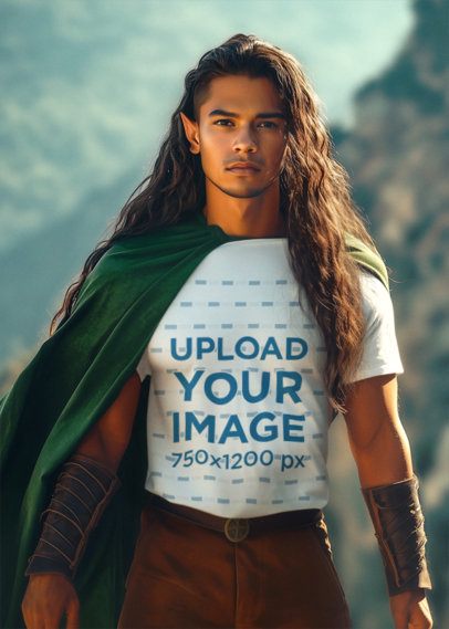T-Shirt Mockup Featuring an AI-Created Man Elf Wearing an Outfit Inspired by an Epic Adventure Trilogy