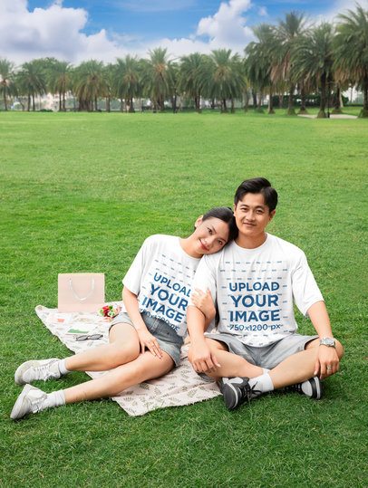 Oversized T-Shirt Mockup of a Sweet Couple Celebrating Valentine's Day in the Park