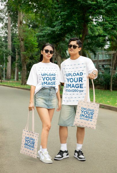 Oversized T-Shirt Mockup Featuring a Couple Walking in the Park With Their Tote Bags m53748