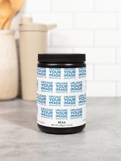 BCAA Grape Supplement Mockup Featuring a Kitchen Surface m53513