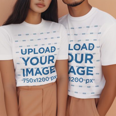 T-Shirt Mockup of an AI-Generated Cropped-Face Couple Wearing Matching Outfits