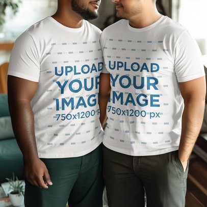 T-Shirt Mockup of an AI-Generated Men Couple Posing With Similar Outfits m53870