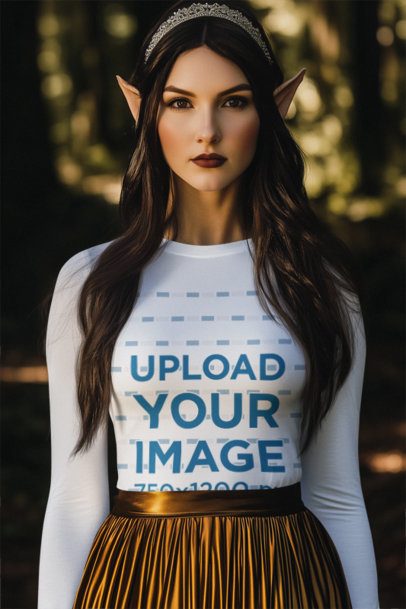 Long-Sleeve Tee Mockup of an AI-Generated Woman Inspired by an Elf Princess From an Epic Adventure Trilogy