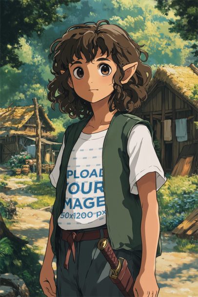 T-Shirt Mockup Featuring an AI-Created Teenage Boy Inspired by an Epic Adventure Trilogy Anime