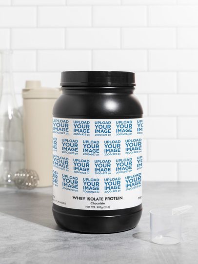 Supplement Mockup Featuring a Whey Isolate Protein Jar Placed on a Kitchen m53468