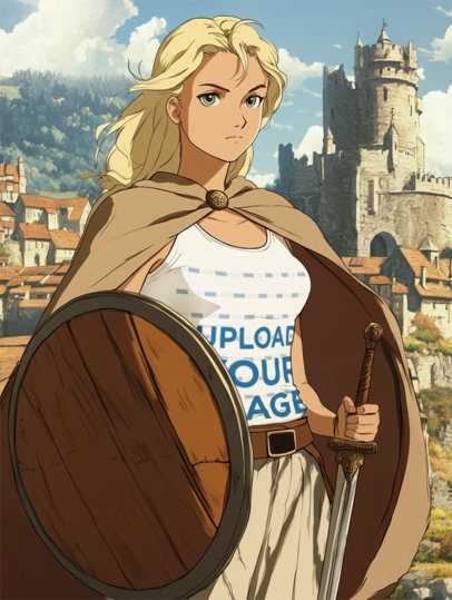 Tank Top Mockup of an AI-Generated Anime Brave Woman Inspired by an Epic Adventure Trilogy