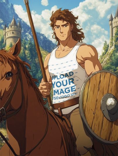 Tank Top Mockup Featuring an AI-Created Anime Strong Man Inspired by an Epic Adventure Trilogy