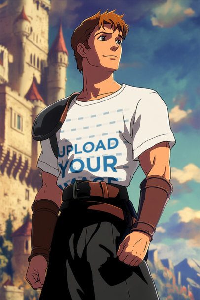 T-Shirt Mockup Featuring an AI-Created Anime Man in an Epic Adventure Trilogy-Inspired Setting
