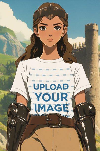 T-Shirt Mockup of an AI-Generated Anime Woman Wearing an Epic Adventure Trilogy-Inspired Outfit