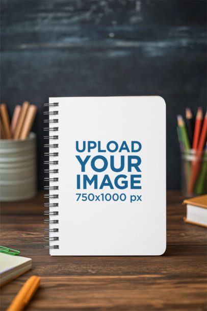 Print Mockup Featuring an AI-Created Spiral Journal Placed on a Wooden Table m53833