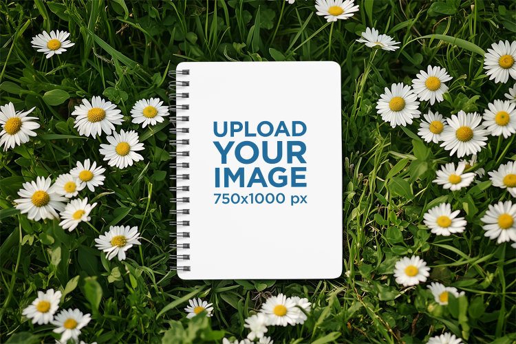 Mockup of an AI-Generated Spiral Journal Lying on a Daisy Garden