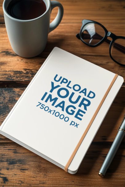 Mockup of an AI-Generated Hardcover Journal Lying on a Table With a Pair of Glasses and a Pen