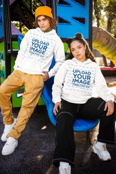 Comfort Colors Hoodie Mockup of a Man and a Woman Posing in a Playground m53356