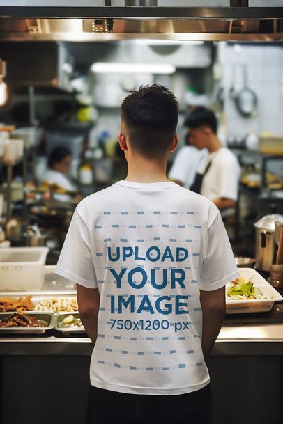 Back-View T-Shirt Mockup of an AI-Generated Man Standing in a Buffet Restaurant