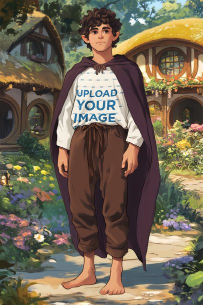 Long-Sleeve Tee Mockup Featuring an AI-Created Anime Man Inspired by an Epic Adventure Trilogy Character