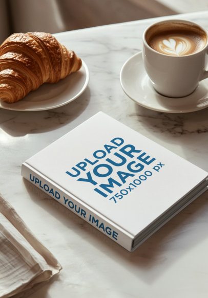 Mockup of an AI-Generated Hardcover Journal Placed on a Table With a Croissant and a Latte m53822