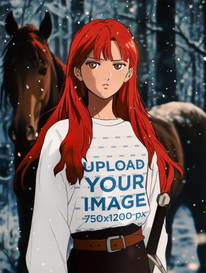 Long-Sleeve Tee Mockup of an AI-Generated Woman Inspired by an Epic Adventure Trilogy Anime