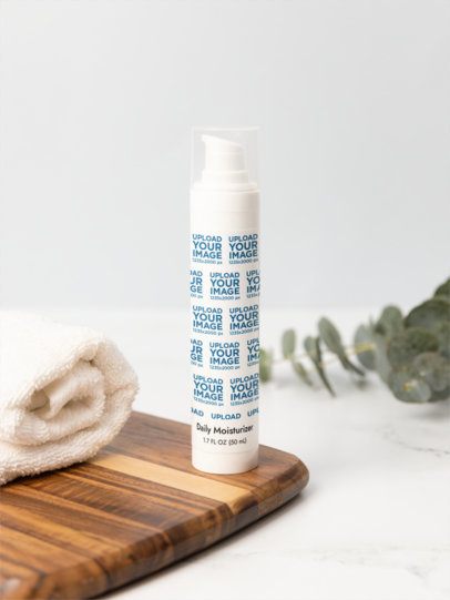 Daily Moisturizer Mockup Featuring a Wooden Base in a Bathroom Setting m53621