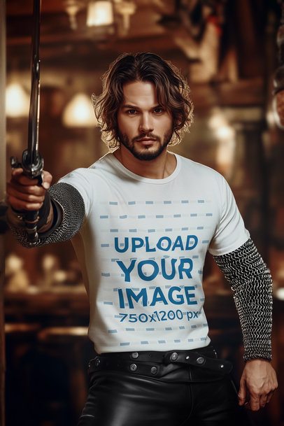 T-Shirt Mockup Featuring an AI-Created Man With a Sword in an Epic Adventure Trilogy-Inspired Setting