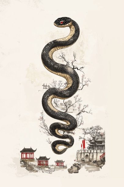 Art Print Template With an Illustrated Serpent Inspired by Chinese New Year