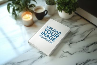 Mockup of an AI-Generated Hardcover Journal Lying on a Marble Table With a Candle and a Tea Cup