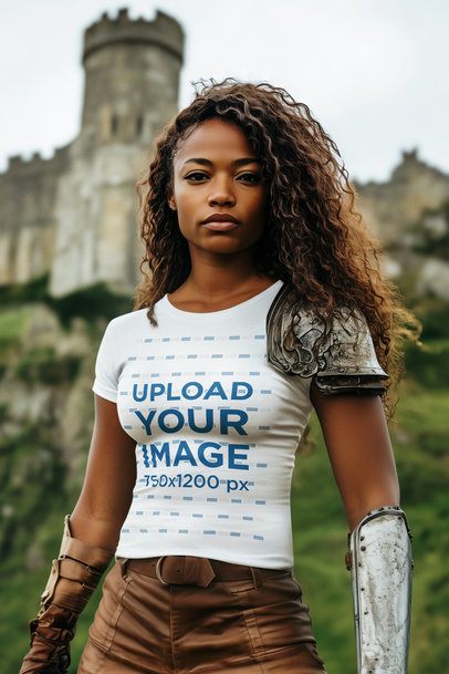 T-Shirt Mockup Featuring an AI-Created Woman With an Armor Inspired by an Epic Adventure Trilogy